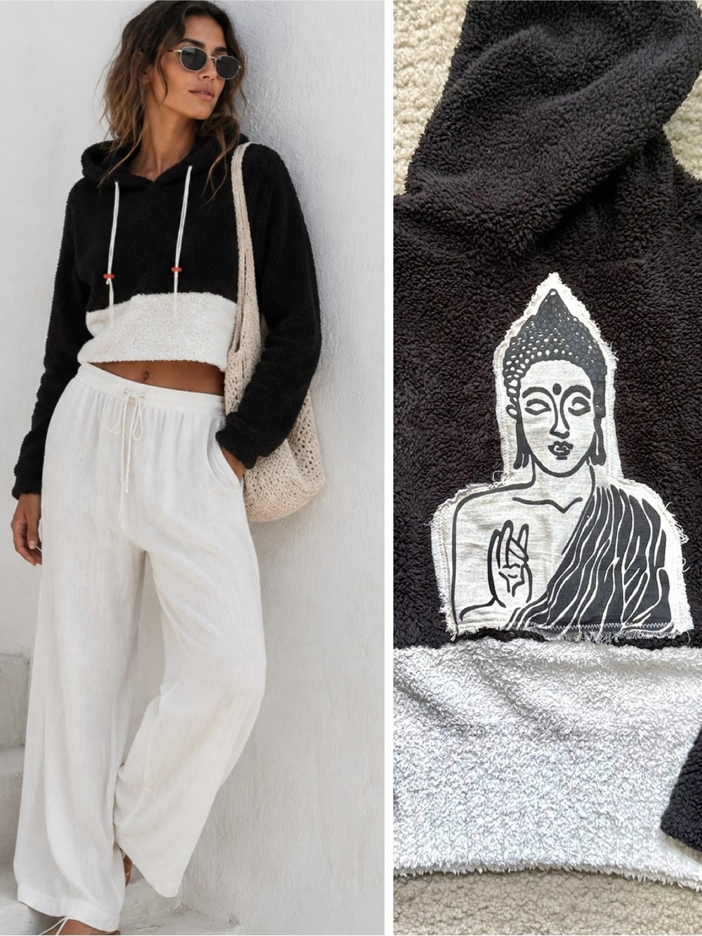 Buddha Patchwork Sherpa Hoodie Boho Yoga Meditation Cropped Top Black Ivory S/M